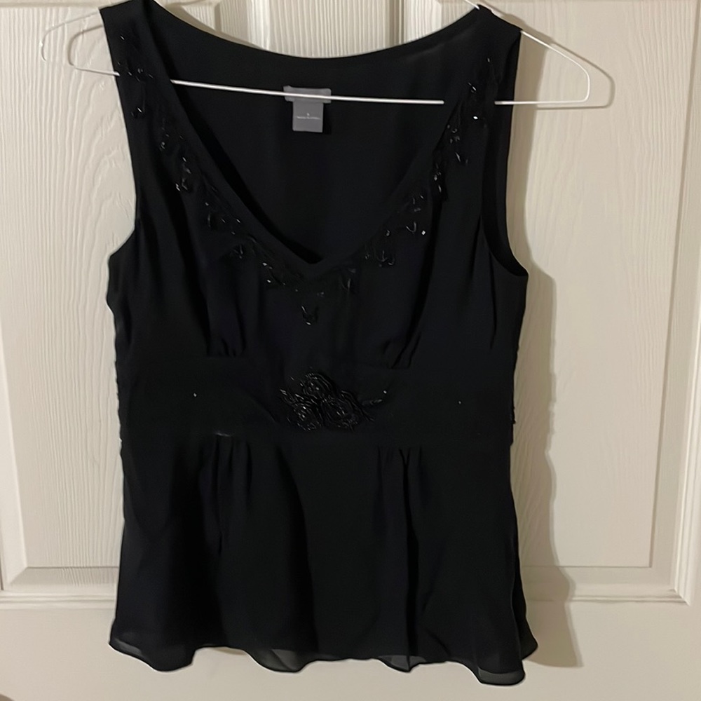 Ann Taylor sleeveless beaded 100% silk side zip black top